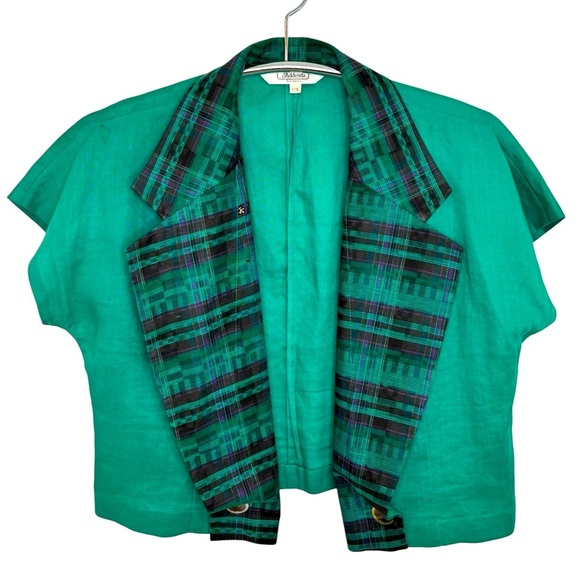 Y2K 90s ADDENDA Green Plaid Open Front Asymmetrical Crop Blazer Jacket, Small - Picture 1 of 10